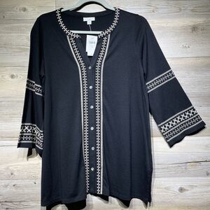 J Jill Embroidered Button Front Jersey Tunic Top Blouse Black 3/4 Sleeve Size XS